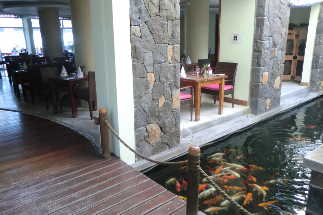 Rechts und links vom Steg Teich mit Koi Laguna Beach Hotel & Spa