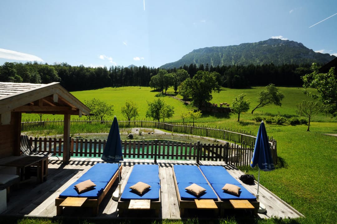 Sonnenliegen am Schwimmteich, Blick zum Rauschberg Pension Plenkhof