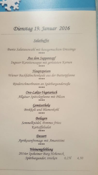 Speisekarte Kurhotel Pyramide