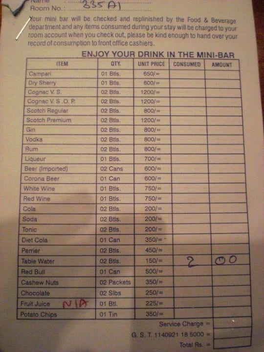 Quittungsblock von der Minibar Royal Palms Beach Hotel