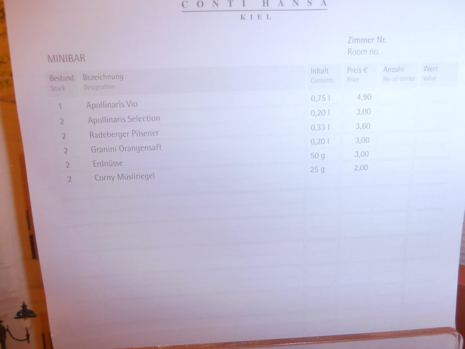 Getränkepreislister der Minibar Steigenberger Conti Hansa