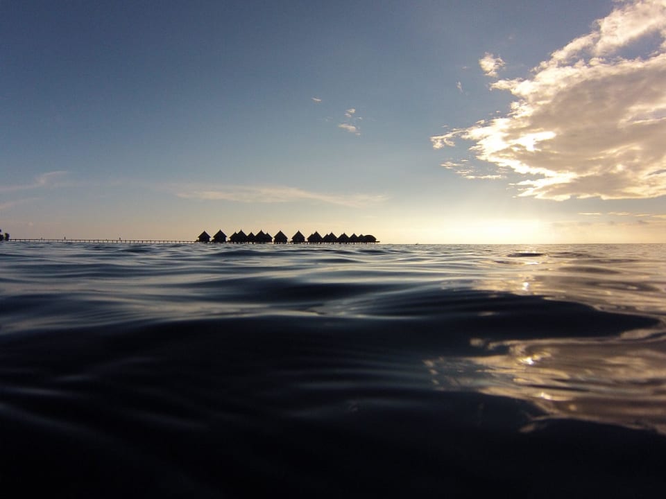 Blick auf die Wasserbungalows Angaga Island Resort