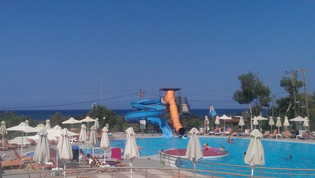 Pool mit Rutschen.Dahinter Strasse u. Strand HARPIN Georgioupolis Resort Aquapark & SPA