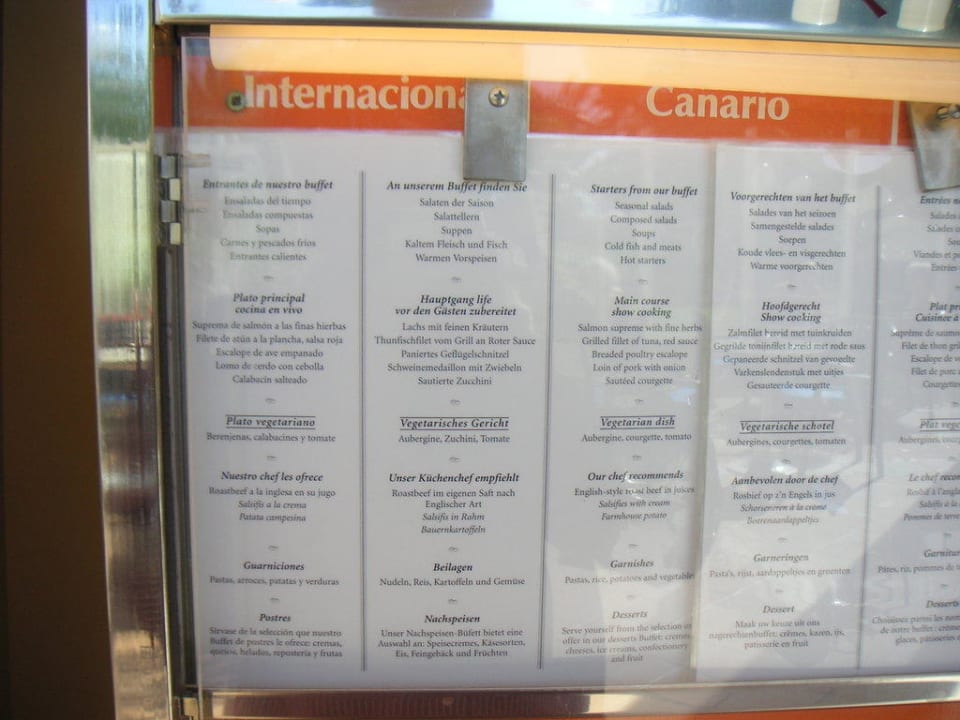 Speisekarte eines beliebigen Tages Hotel Riu Gran Canaria