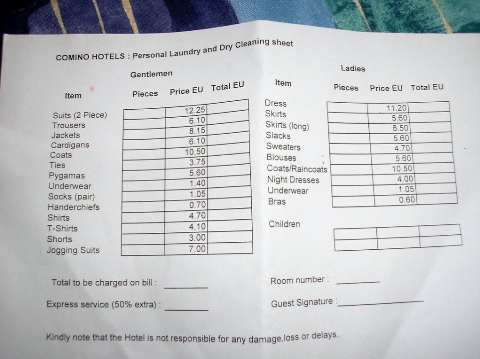 Preise für die Wäscherei Comino Hotel & Bungalows