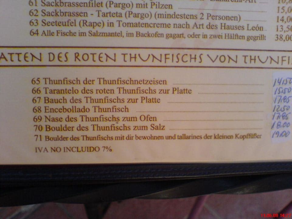 Speisekarte in einem andalusischen Restaurant Ilunion Sancti Petri