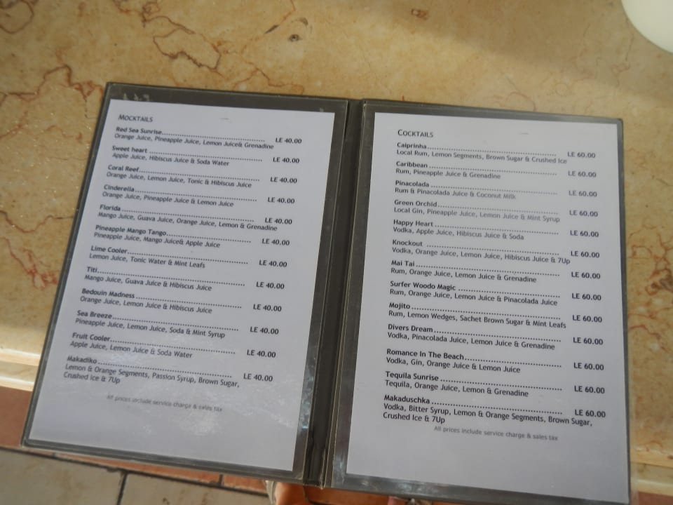 Cocktailkarte im A.I.Angebot.  Jaz Makadi Saraya Resort