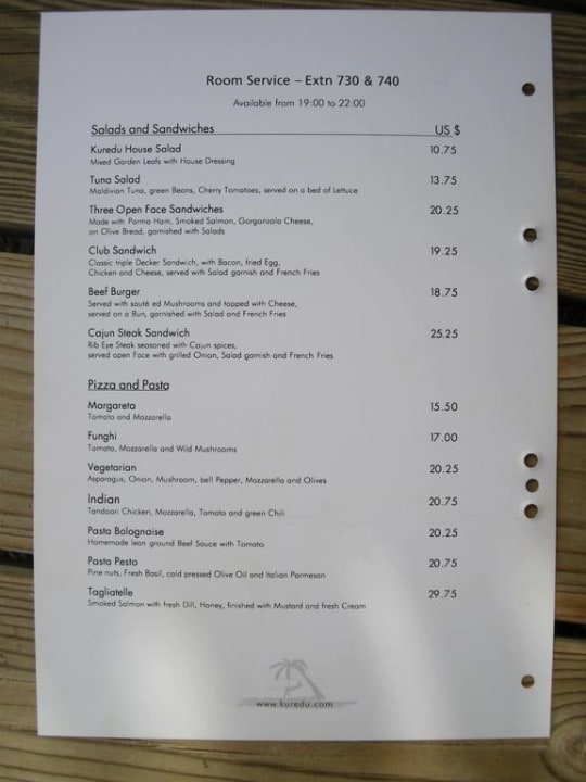 Room Service Preisliste Kuredu Island Kuredu Island Resort & Spa