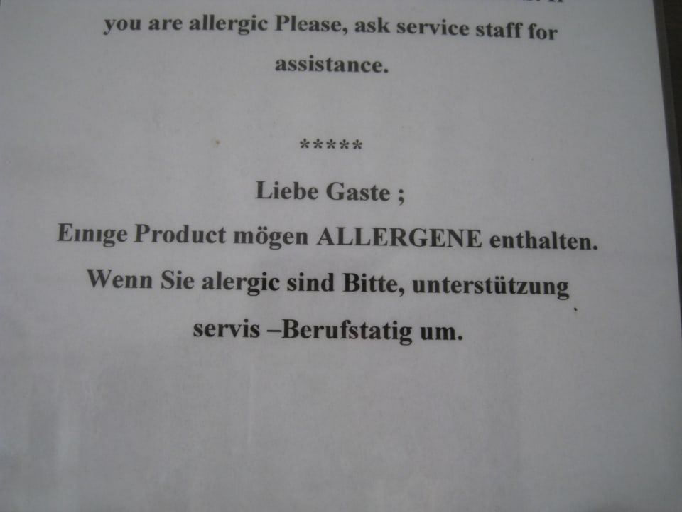 Hinweis für Allergiker Side Prenses Resort & Spa