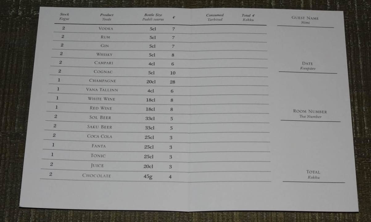 Minibar pricelist Schlössle Hotel
