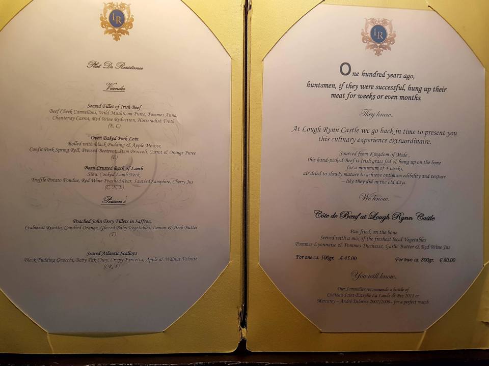 Speisekarte Hotel Lough Rynn Castle