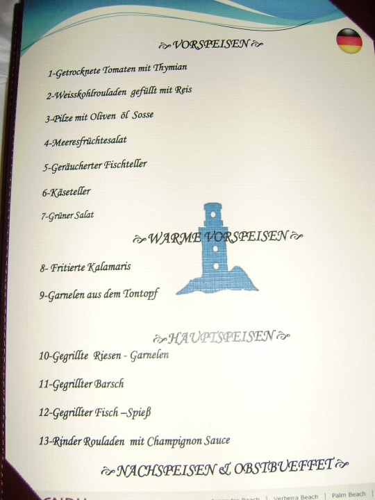 Speisekarte Fischrestaurant Sentido Trendy Verbena Beach