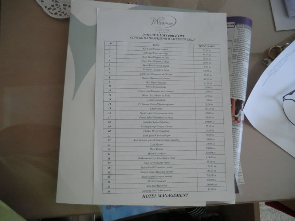 Schadensfalll - Preisliste HVD Clubhotel Miramar