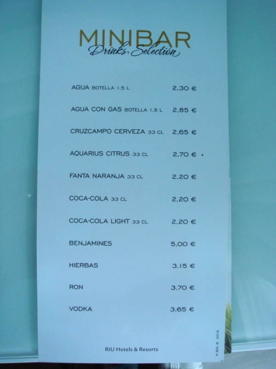 Preisliste der Minibar Hotel Riu San Francisco - Adults only