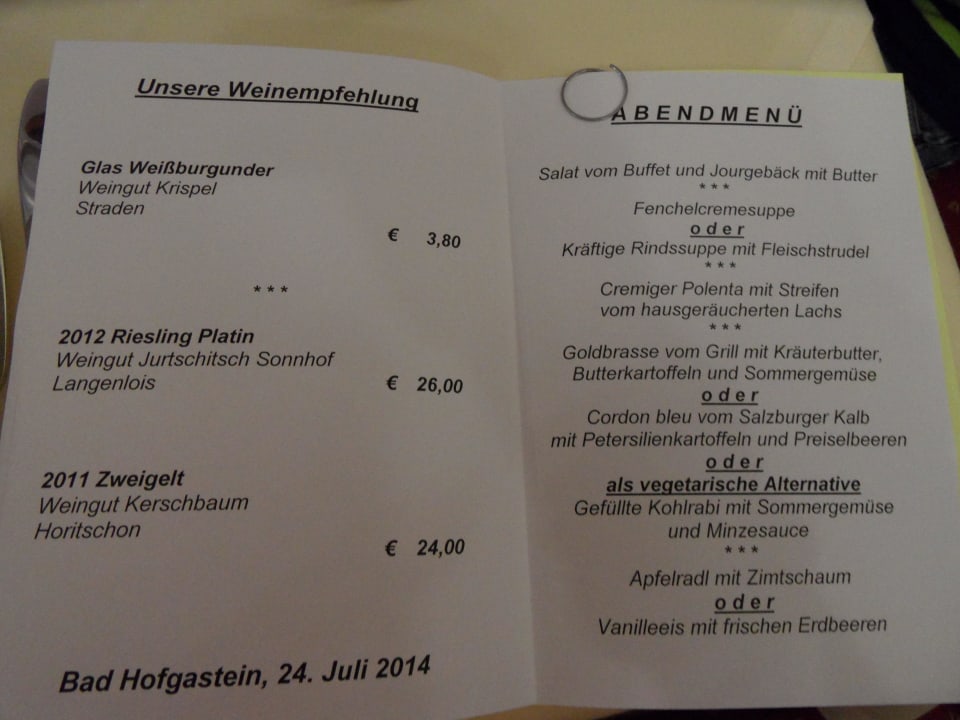 Abendmenü Johannesbad Hotel St. Georg