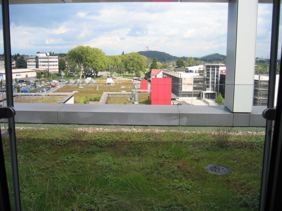 Der Blick aus dem Fenster auf's begrünte Vordach Hotel  Rhein-Ruhr