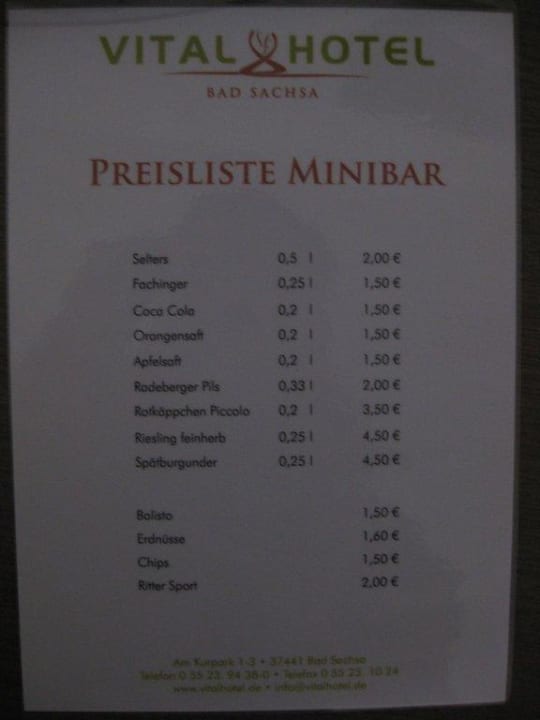 Karte der Minibar Göbel's Vital Hotel Bad Sachsa