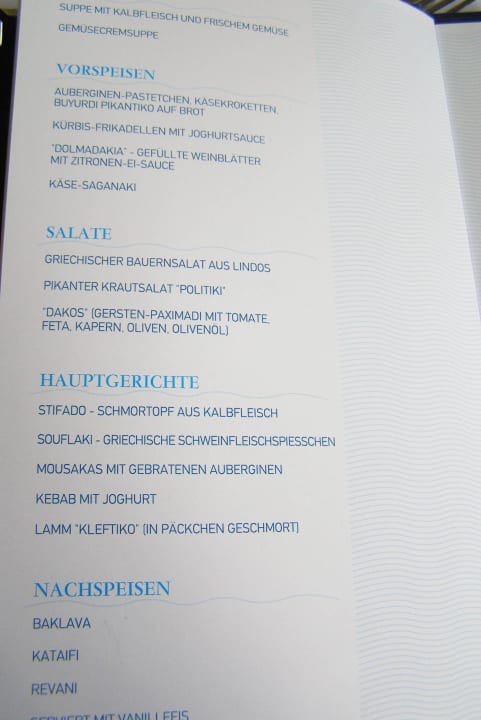 Die Speisekarte des griechischen Themenrestaurants Lindos Princess Beach Resort & Spa