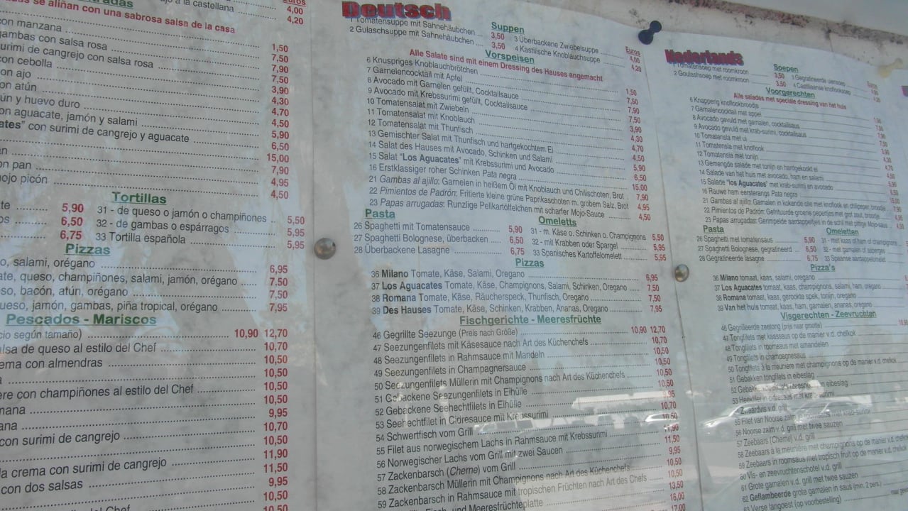 Los Aguacates / Speisekarte Apartamentos Los Aguacates