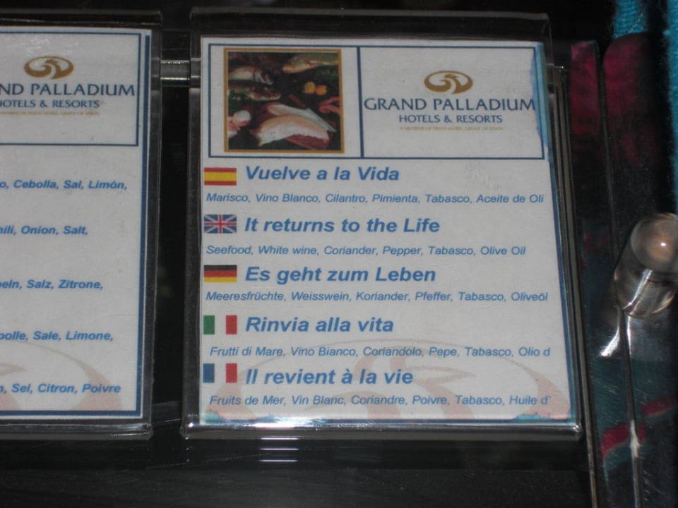Übersetzungen der Speisekarte Grand Palladium Select White Sand Resort & Spa