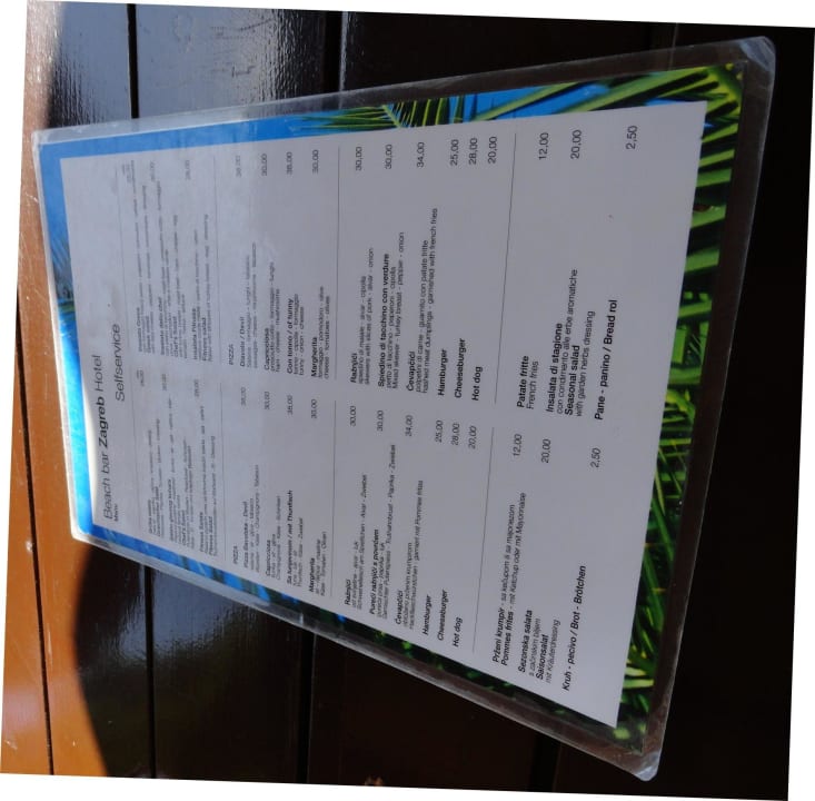 Speisekarte Strandbar Valamar Parentino Hotel