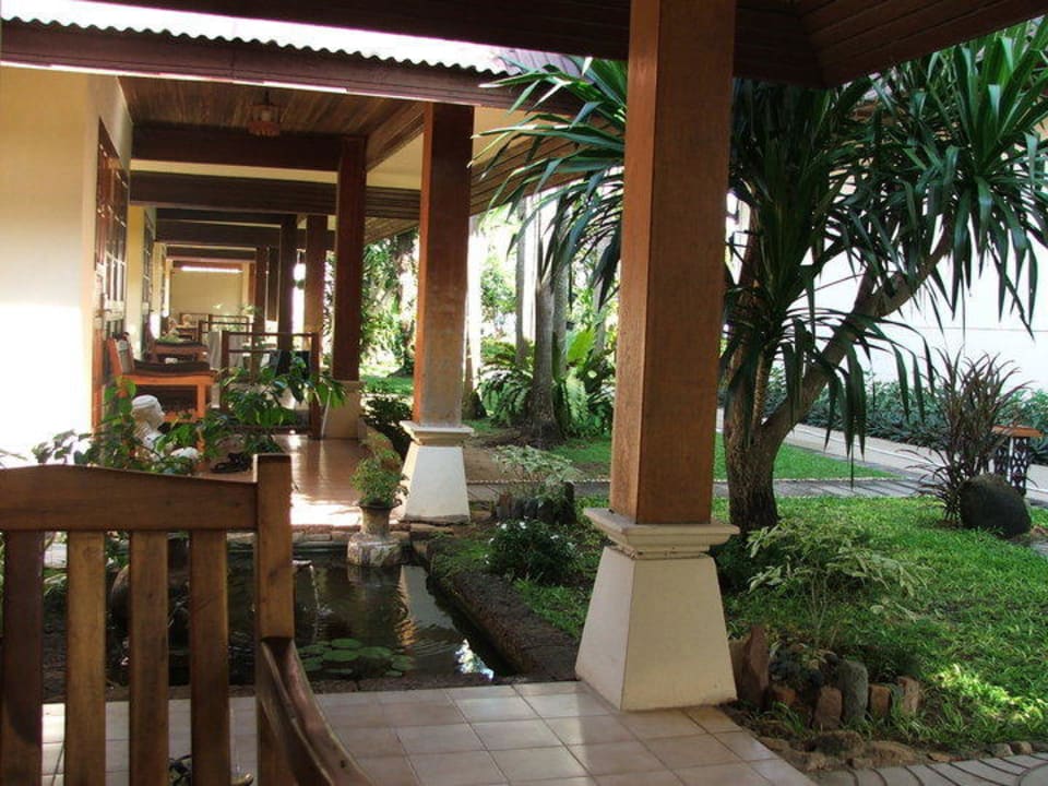 Blick von unserer Terrasse in den Garten Hotel Aloha Resort