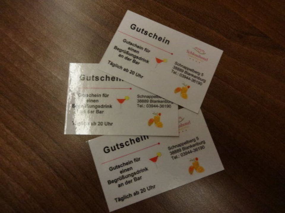 Unsere Gutscheine für ein Getränk Schlosshotel Blankenburg
