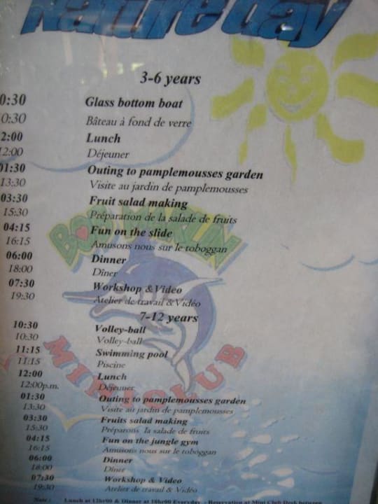 Aktivitätenplan Miniclub Victoria Beachcomber Resort & Spa