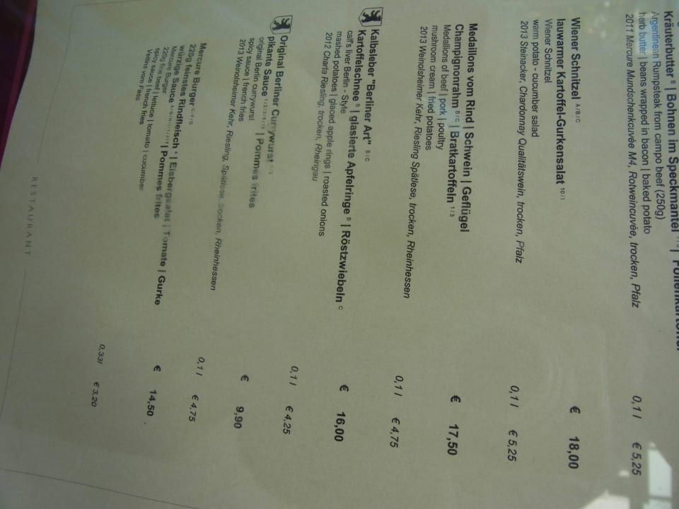 Speisekarte Restaurant Mercure Hotel Berlin Tempelhof