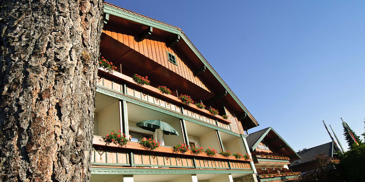 Blick durch den Vorgarten Richtung Eingang Hotel Steinbach