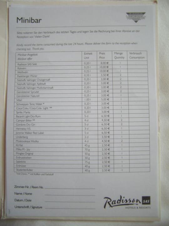 Preisliste Minibar Gewandhaus Dresden, Autograph Collection