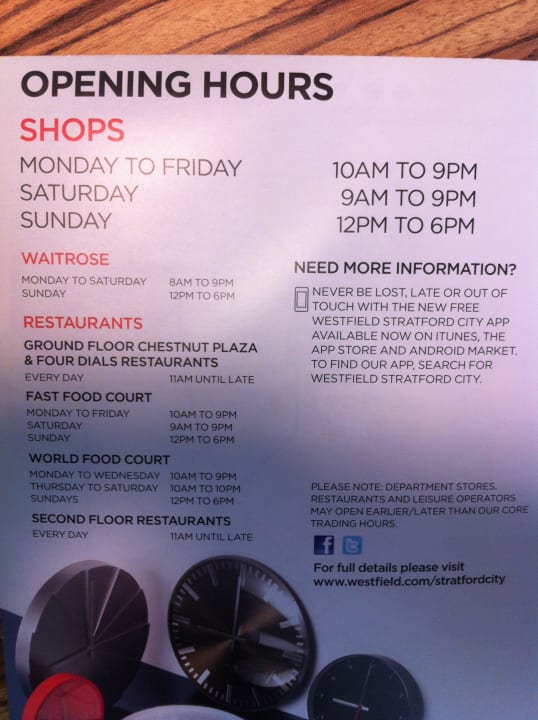 Broschüre Info Öffnungszeiten Shopping Center Hyatt Regency London Stratford