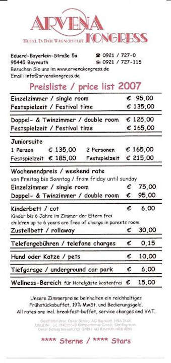 Preisliste Hotel Arvena Kongress