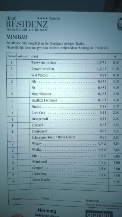 Die Minibarpreise Hotel Residenz