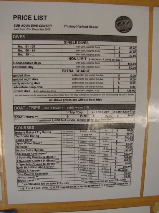 Preistafel Tauchen Thulhagiri Island Resort