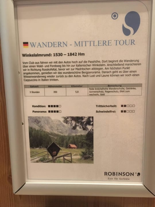 Aushang zur Wandertour Aldiana Club Schlanitzen Alm