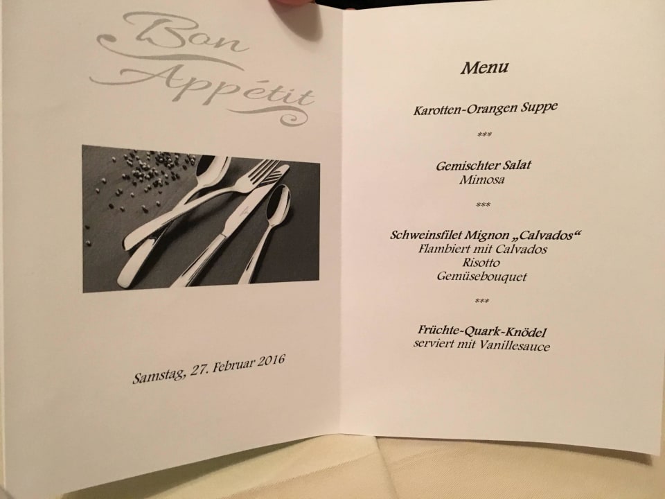 Menue für unsere Reisegruppe Hotel Ambassador