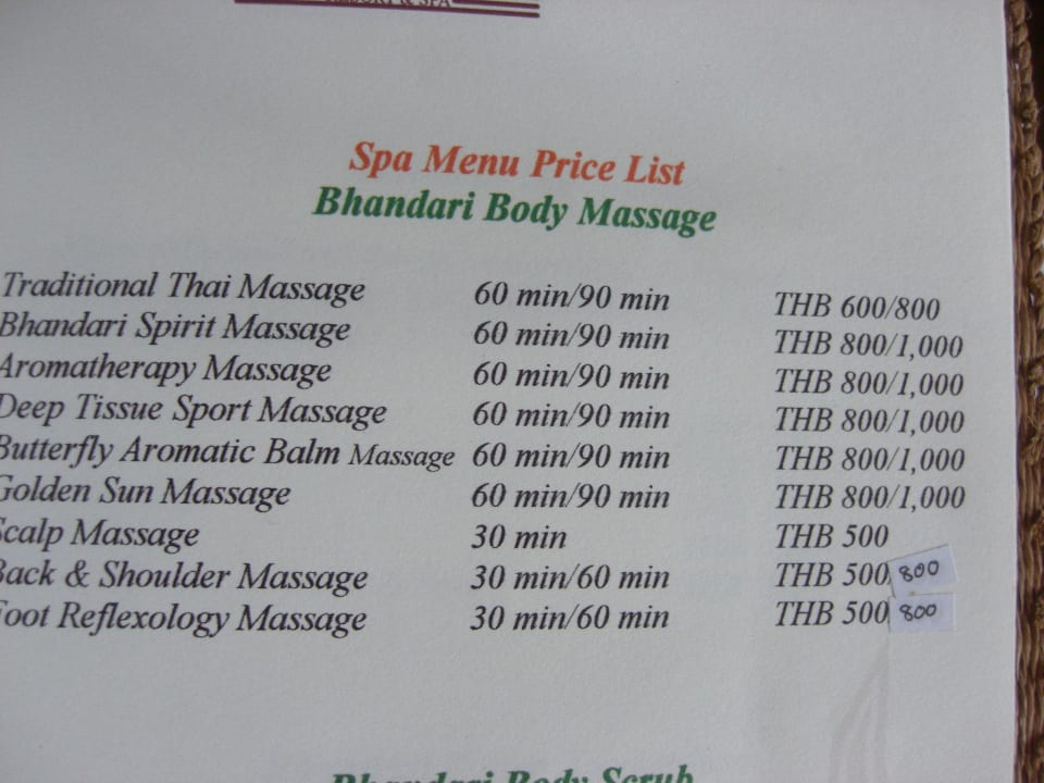 Massagepreise im Hauseigenen Spa Khaolak Bhandari Resort & Spa