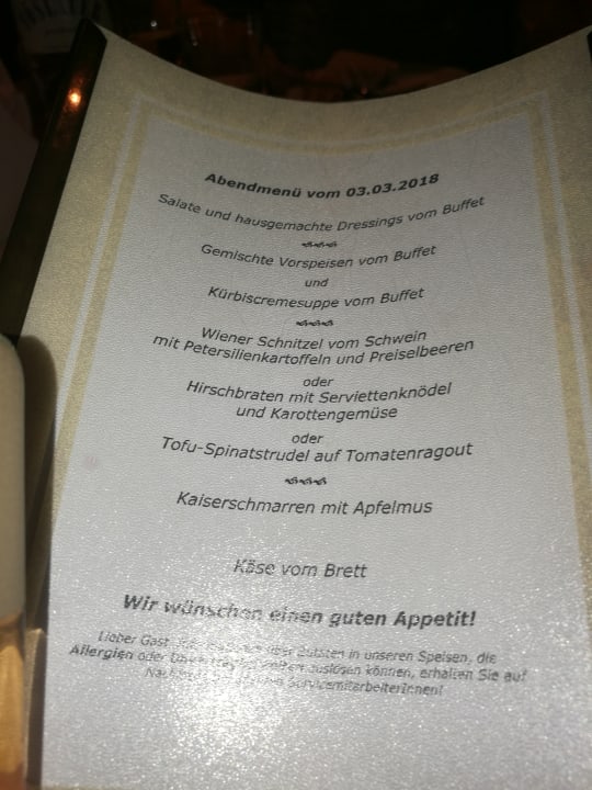 Speisenauswahl Abendmenue vom 03.03.2018 Hotel Gamsleiten