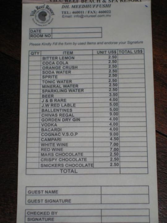 Preisliste Minibar Sun Siyam Vilu Reef