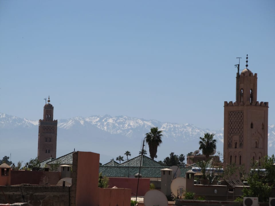 View on the Atlas mountains from the rooftop Riad Bahja