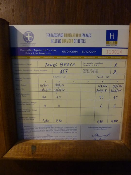 Preisliste Hotel Tony's Beach