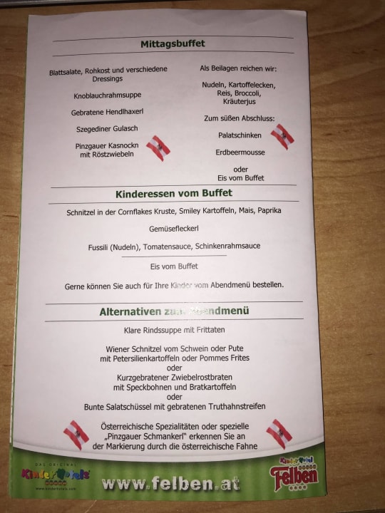 Abendmenü rücks Kinderhotel Felben