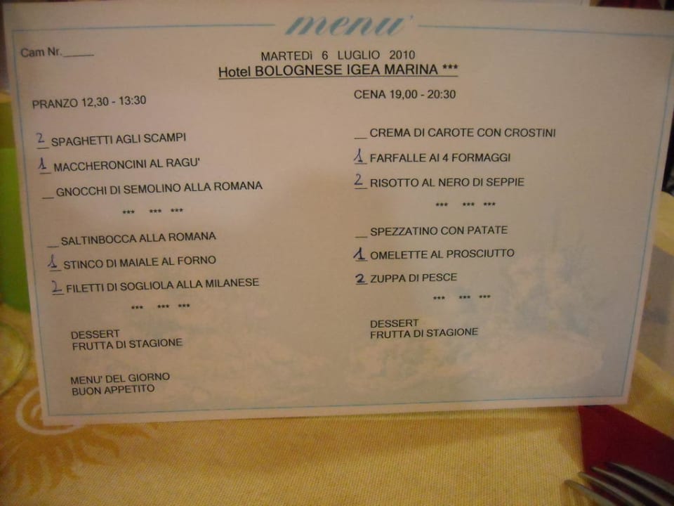Menù Hotel Bolognese
