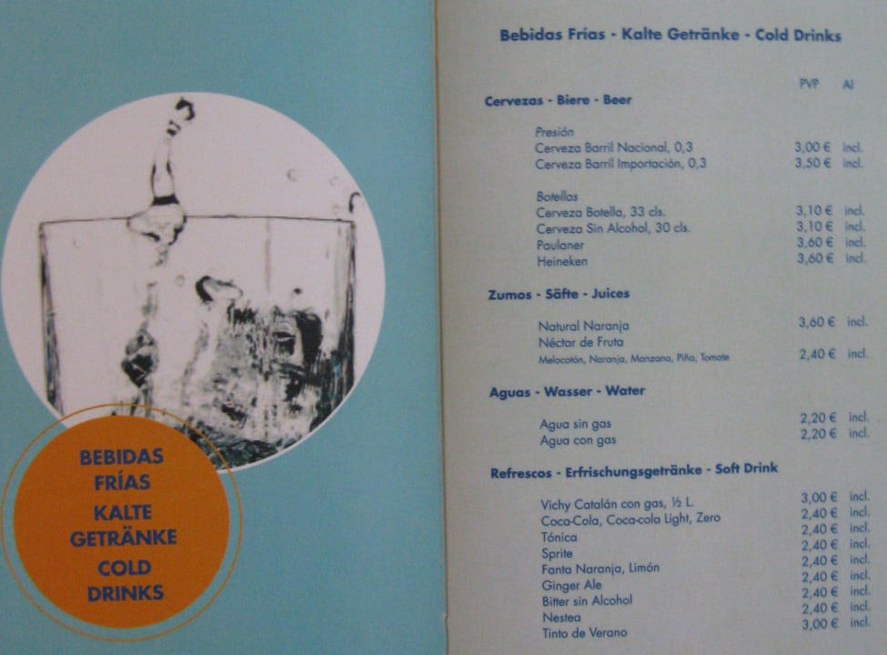 Preise Lobby-Bar Kalte Getränke TUI BLUE Isla Cristina Palace