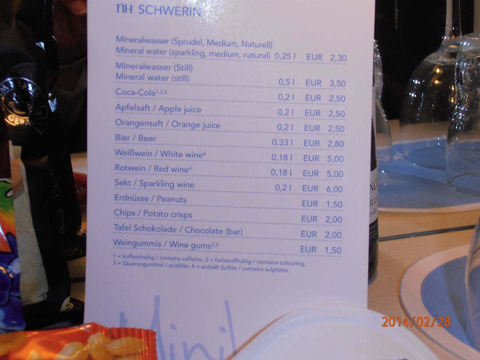 Preisliste der Minibar Courtyard by Marriott Schwerin