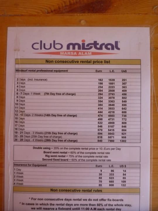 Preisliste Mistral Shams Alam Beach Resort