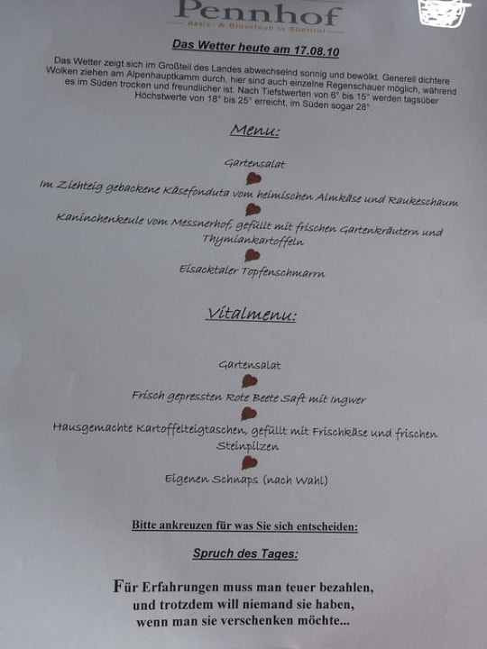 Die Menükarte eines Tages Hotel-Chalet Pennhof