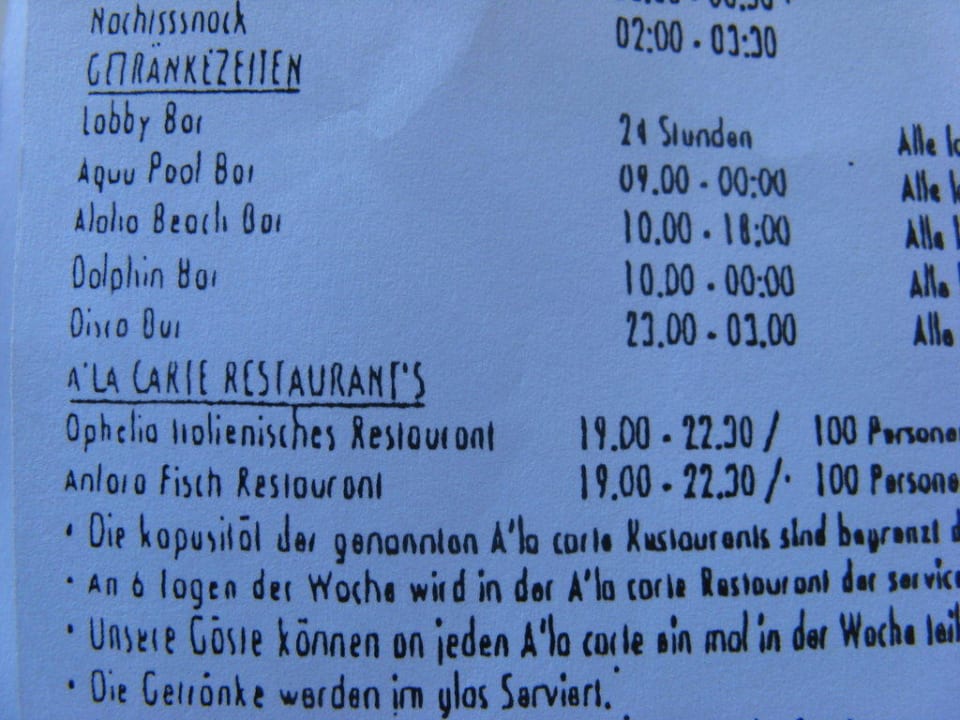 Handzettel mit Öffnungszeiten Alba Resort Hotel