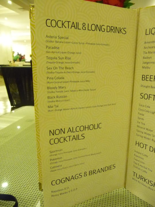 Getränkekarte AI Sunis Elita Beach Resort & Spa